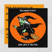 Carte d'invitation de dessin de sorcière en vol Ha (Devant / Derrière)