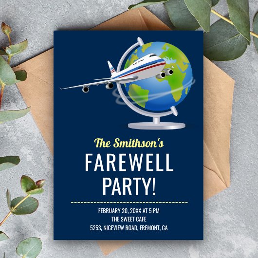 Carte d'invitation de fête d'adieu avec globe de c