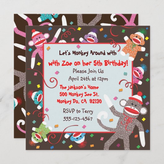 Carte d'invitation de fête d'anniversaire de singe (Devant / Derrière)