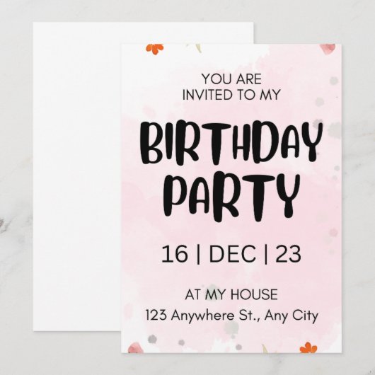 Carte d'invitation de fête d'anniversaire, script (Devant / Derrière)