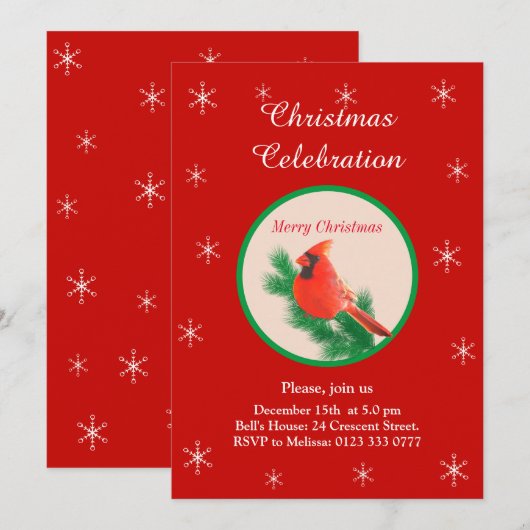 Carte d'invitation de fête Rouge de Noël Oiseau &  (Devant / Derrière)