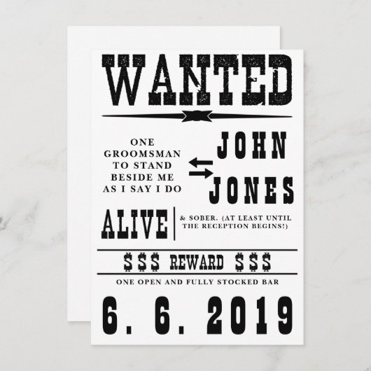 Carte d'invitation de garçon d'honneur Wanted à l' (Devant / Derrière)