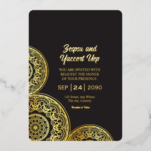 Carte d'invitation de luxe noir et or Gold Foil (Recto)