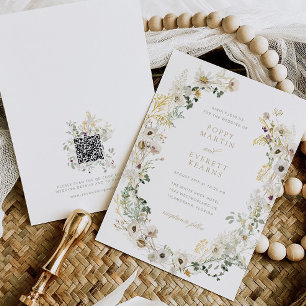 Carte d'invitation de mariage à code QR avec fleur