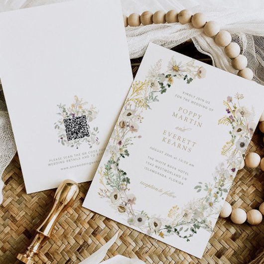 Carte d'invitation de mariage à code QR avec fleur