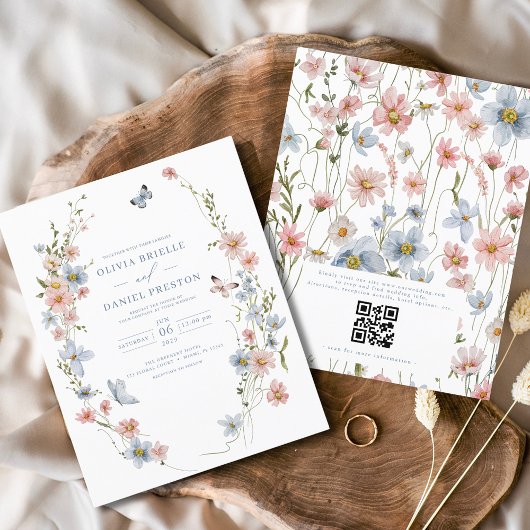 Carte d'invitation de mariage à code QR avec fleur