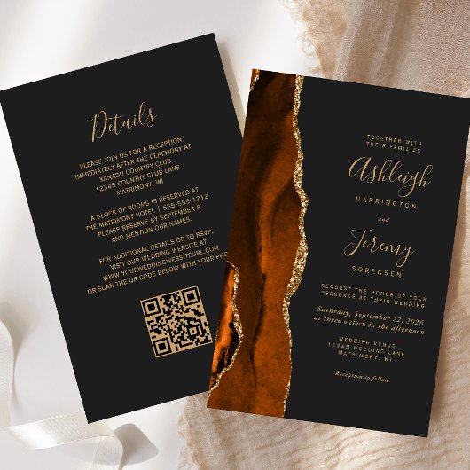 Carte d'invitation de mariage à code QR Rust Gold