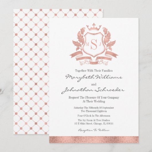 Carte d'invitation de mariage à crête en or rose c (Devant / Derrière)