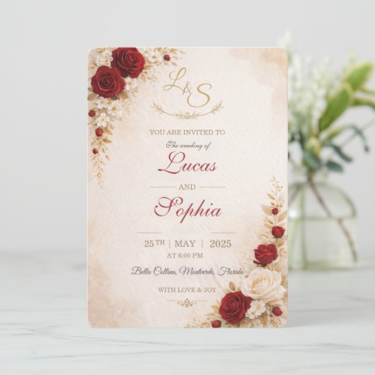 Carte d'invitation de mariage à fleurs rouges (Debout devant)