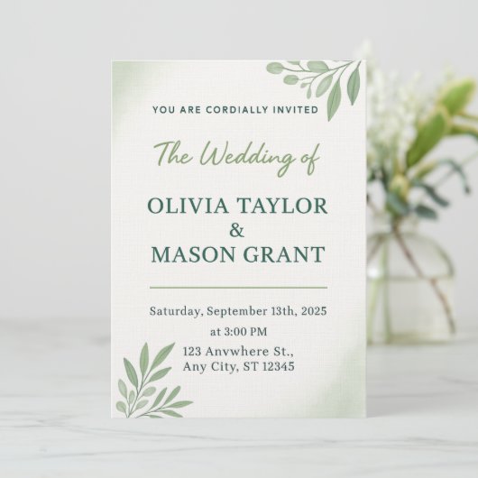 Carte d'invitation de mariage à la verdure élégant (Debout devant)
