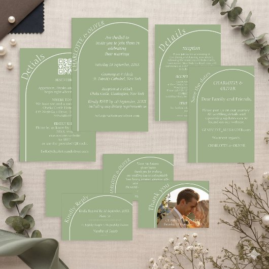 Carte d'invitation de mariage à l'arche en vert sa