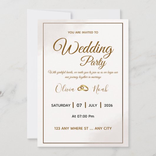Carte d'invitation de mariage à l'écriture dorée é (Devant)