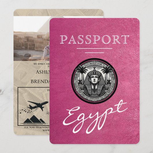 Carte d'invitation de mariage au passeport Magenta (Devant / Derrière)