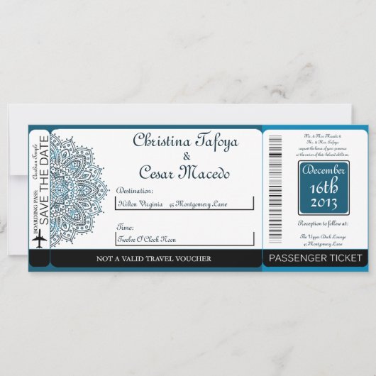 Carte d'invitation de mariage avec carte d'embarqu (Devant)