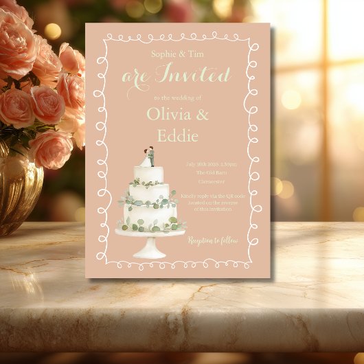 Carte d'invitation de mariage avec code QR Gâteau 