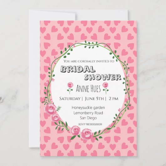 Carte d'invitation de mariage avec fleurs et cœurs (Devant)