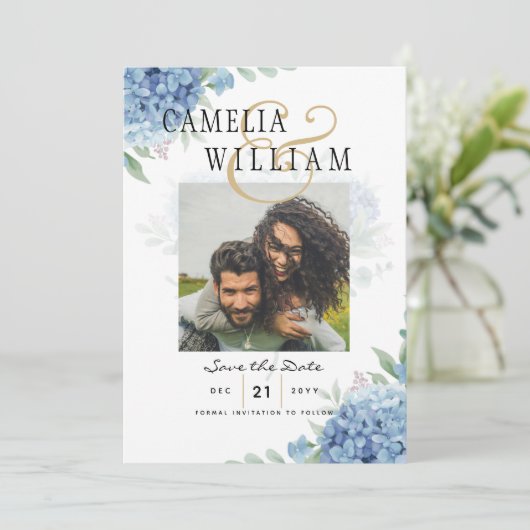 Carte d'invitation de mariage avec hydrangea bleue (Debout devant)