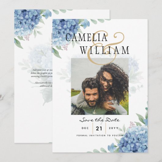 Carte d'invitation de mariage avec hydrangea bleue (Devant / Derrière)
