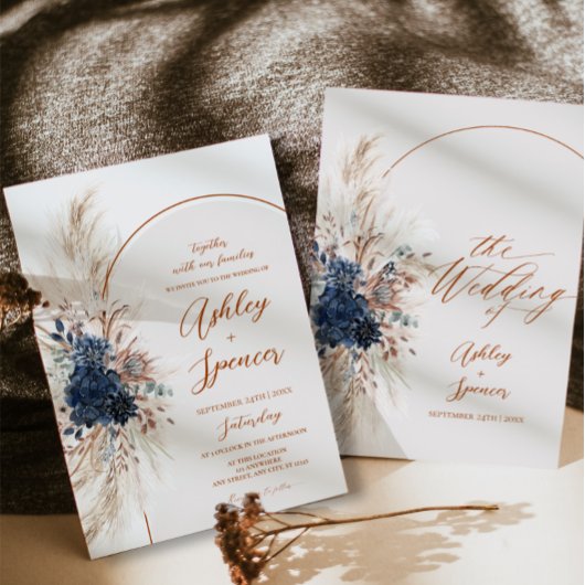 Carte d'invitation de mariage Boho Navy Pampas