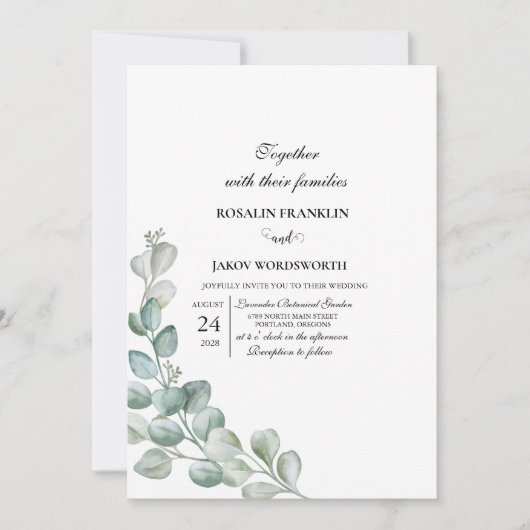 Carte d'invitation de mariage botanique à la verdu (Devant)