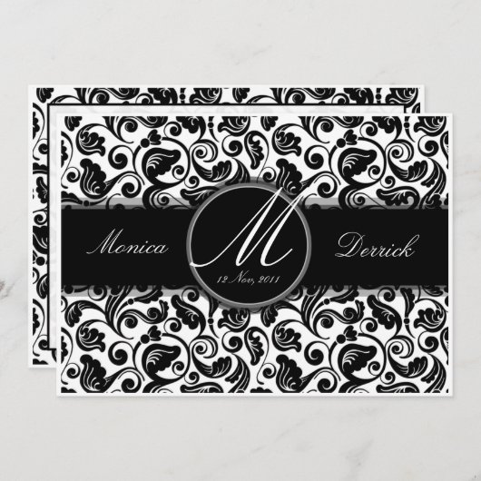 Carte d'invitation de mariage classique noir et bl (Devant / Derrière)
