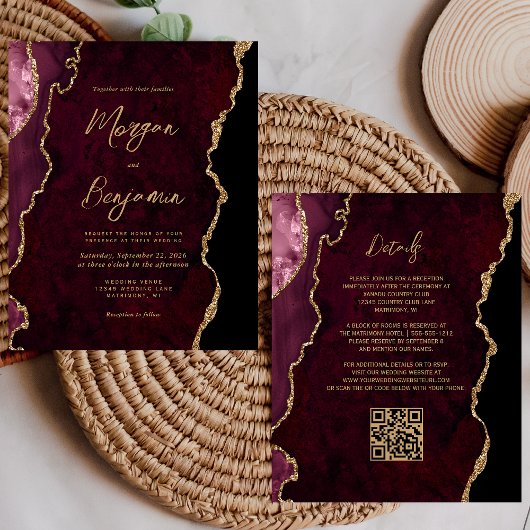 Carte d'invitation de mariage Code QR Agate Or Bou