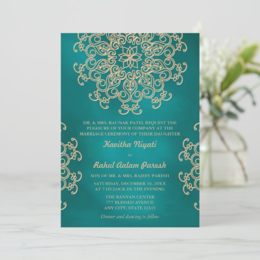 CARTE D'INVITATION DE MARIAGE DE STYLE INDIEN BLEU (Debout devant)