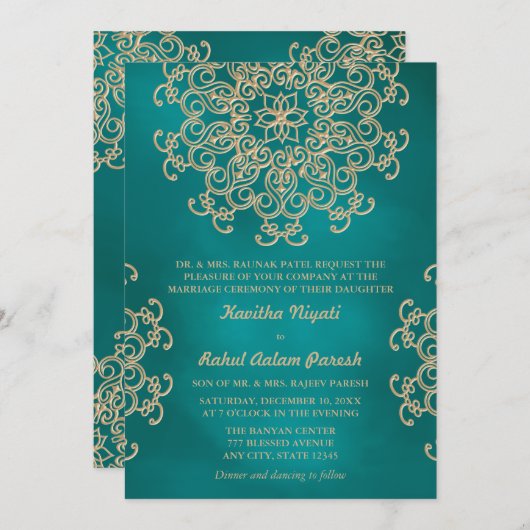 CARTE D'INVITATION DE MARIAGE DE STYLE INDIEN TEAL (Devant / Derrière)