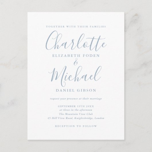Carte d'invitation de mariage Dusty Blue avec scri (Devant)
