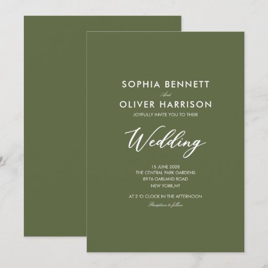 CARTE D'INVITATION DE MARIAGE ÉLÉGANTE SIMPLE VERT (Devant / Derrière)