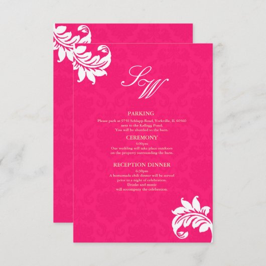 Carte d'invitation de mariage en damassé rose vif (Devant / Derrière)