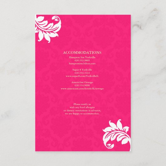 Carte d'invitation de mariage en damassé rose vif (Dos)