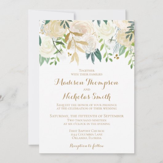 Carte d'invitation de mariage Fleur or et blanc (Devant)