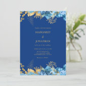 Carte d'invitation de mariage florale bleue et or (Debout devant)
