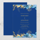 Carte d'invitation de mariage florale bleue et or (Devant / Derrière)