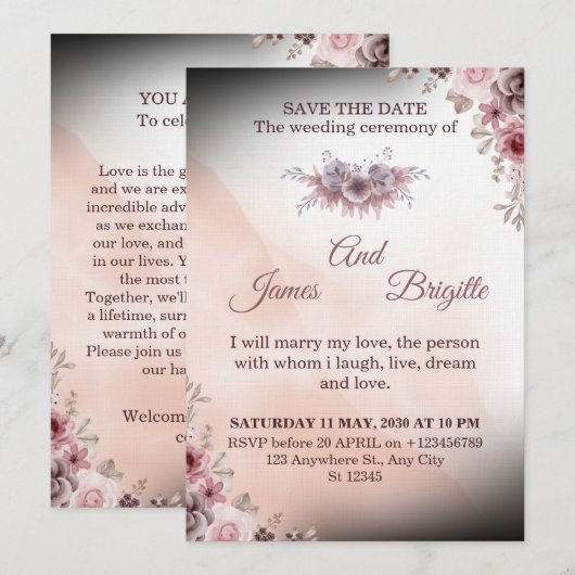 Carte d'invitation de mariage florale design moder (Devant / Derrière)