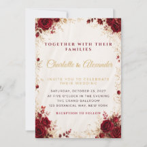 Carte d'invitation de mariage florale rouge Bourgo