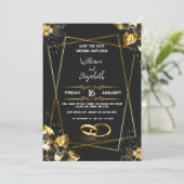 Carte d'invitation de mariage noir et or (Debout devant)