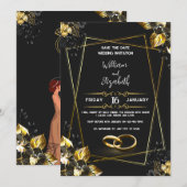 Carte d'invitation de mariage noir et or (Devant / Derrière)