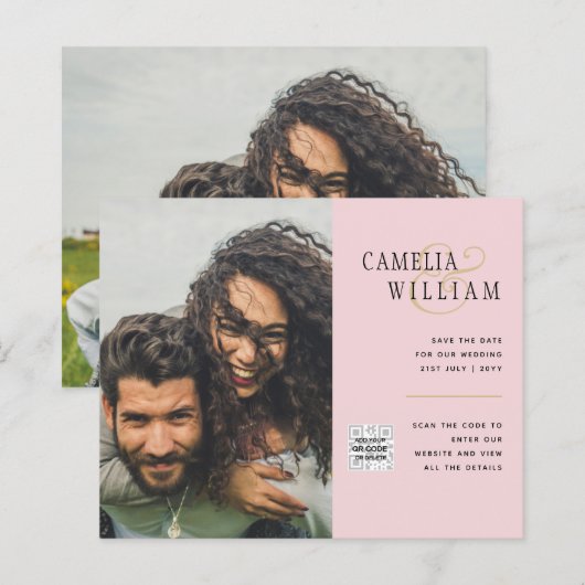 Carte d'invitation de mariage photo budget Code QR (Devant / Derrière)