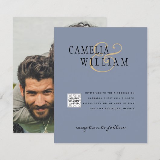 Carte d'invitation de mariage photo budget Code QR (Devant / Derrière)