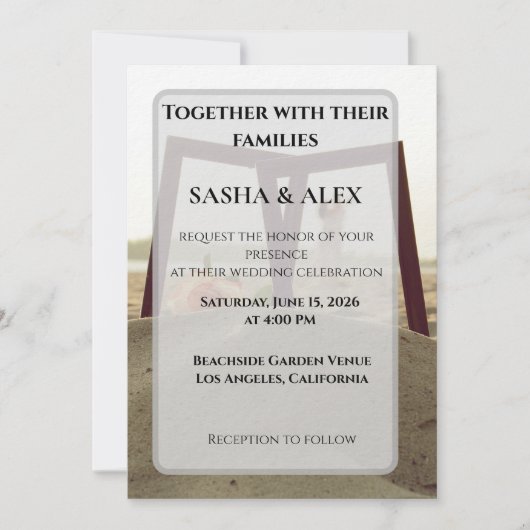 Carte d'invitation de mariage photo de plage encad (Devant)