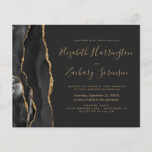 Carte d'invitation de mariage sombre en agate noir (Devant)