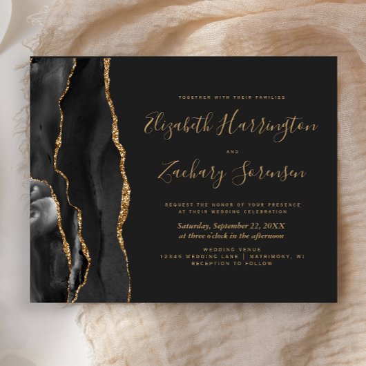 Carte d'invitation de mariage sombre en agate noir