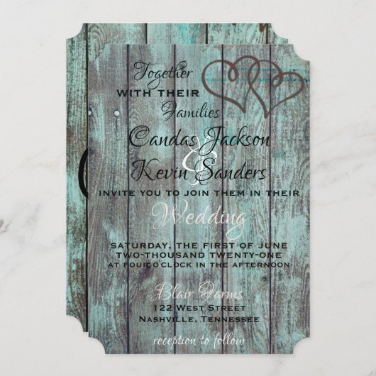 CARTE D'INVITATION DE MARIAGE TURQUOISE RUSTIQUE (Devant / Derrière)