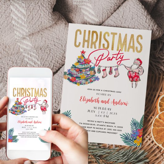 Carte d'invitation de Noël tropical Père Noël