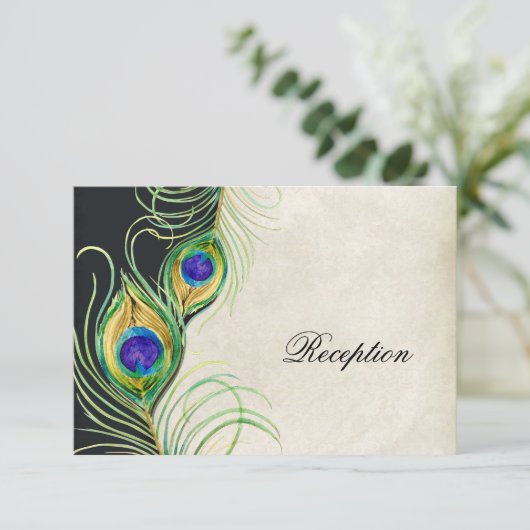 Carte d'invitation de réception Peacock Feathers (Debout devant)