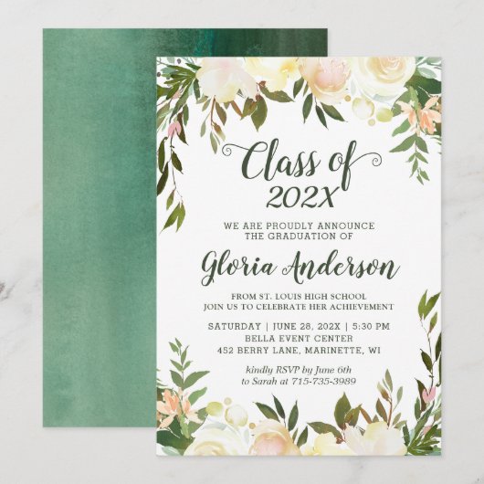 Carte d'invitation de remise de diplôme florale et (Devant / Derrière)