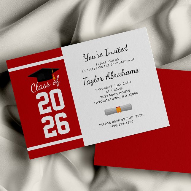 Carte d'invitation de remise de diplôme minimalist (Graduation 2024 Red White Script Party Invitation)