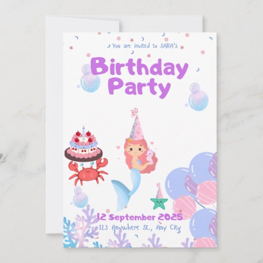 carte d'invitation de sirène anniversaire de Sara (Devant)